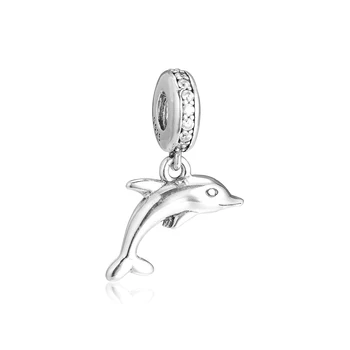 Ægte 925 Sterling Sølv Klare CZ Legesyg Delfin Dingle Charms Passer Oprindelige Armbånd Dyr Perler DIY Smykker at Gøre