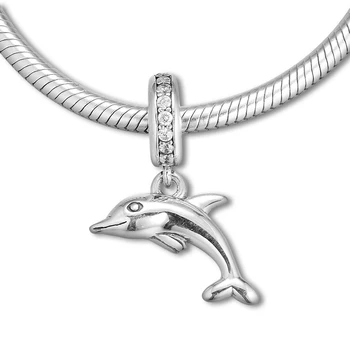 Ægte 925 Sterling Sølv Klare CZ Legesyg Delfin Dingle Charms Passer Oprindelige Armbånd Dyr Perler DIY Smykker at Gøre