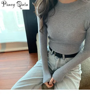 Solid farve Strikket Sweater, Trøjer Rullekrave Trøje til Kvinder efteråret høj krave langærmet skjorte slim sweater
