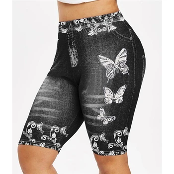 Kvinder Plus Size Yoga Shorts Tynde Sommerfugl Print Casual Jeggings Faux Denim Jean Korte Trænings-Og Leggings, Der Kører Uddannelse Kort