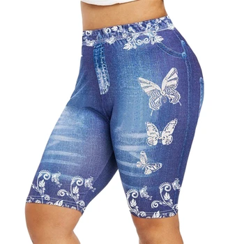 Kvinder Plus Size Yoga Shorts Tynde Sommerfugl Print Casual Jeggings Faux Denim Jean Korte Trænings-Og Leggings, Der Kører Uddannelse Kort