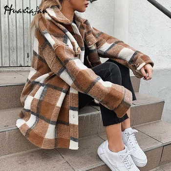 Huaxiafan пальто Vinter Frakke Kvinder 2020 Vintage Stilfulde Lommer Overdimensionerede Plaid Jakke Revers Krave Løs Overtøj Smarte Toppe