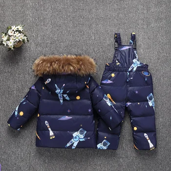 Vinter varm børnetøj sæt ægte Pels baby pige duck ned flyverdragt Kids ski jakkesæt vinter Dreng ned jakker+bukser